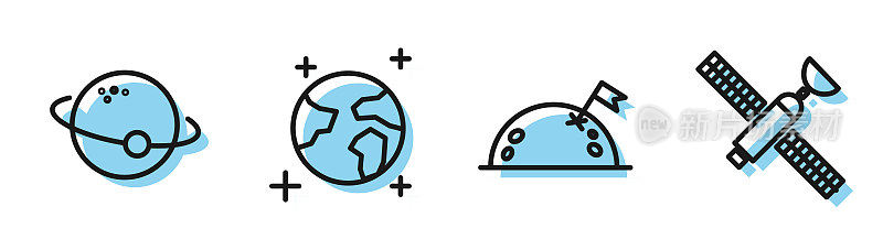 Set line Planet with flag, Planet, Earth globe and Satellite icon. Vector